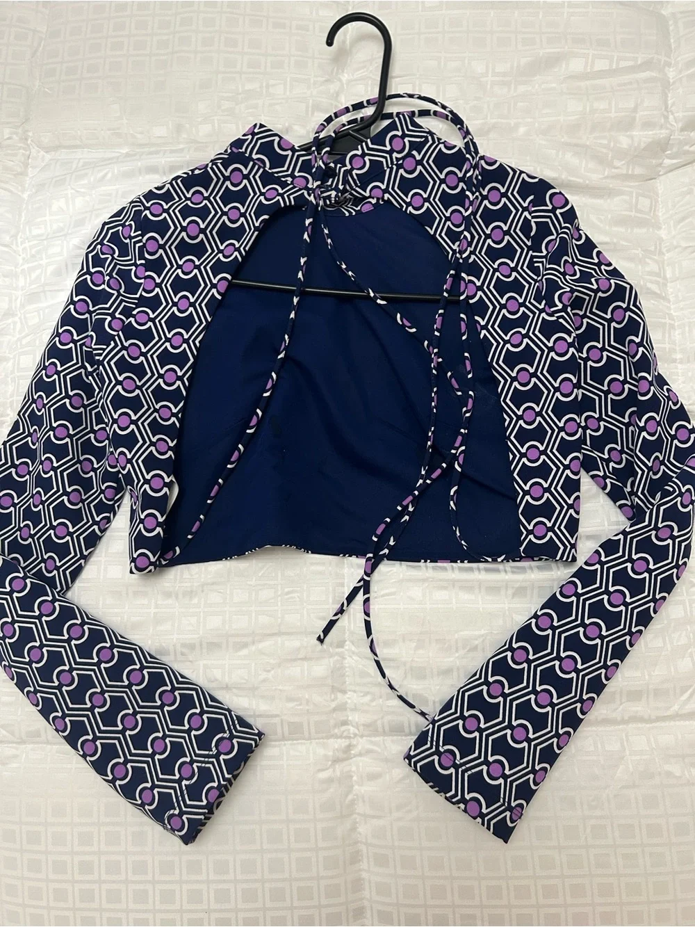 Zara Purple & Black Geometric Long Sleeve Crop Top